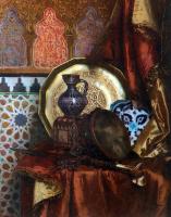 Ernst, Rudolf - A Tambourine, Knife, Moroccan Tile and Plate on Satin covered Table